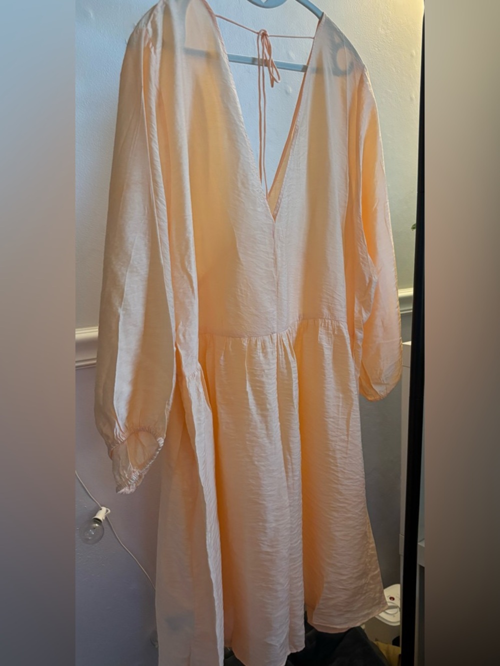 H&M Peach Long-Sleeve V-Neck Midi Dress with Tie Back